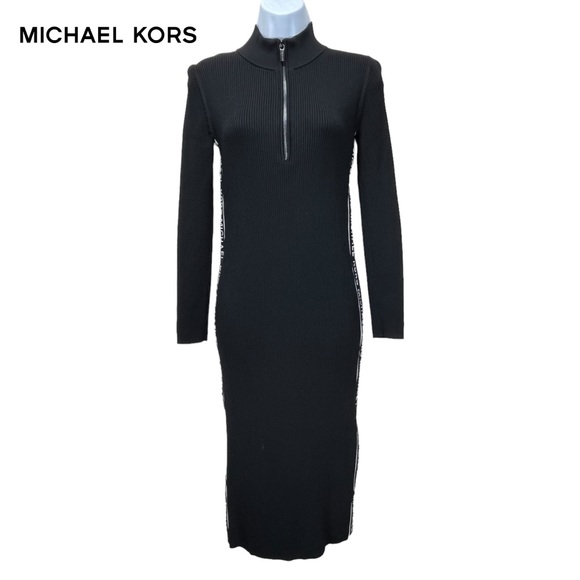 Michael Kors | Women Medium‎ | Black Logo Tape Ribbed Knit Zip Dress - Picture 1 of 8
